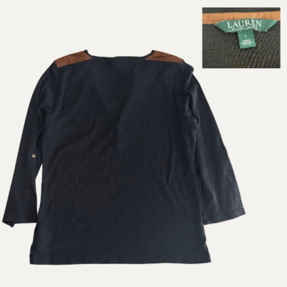 Lauren Ralph Lauren Black Henley Shirt with Suede Detail – Size L - Picture 2 of 2